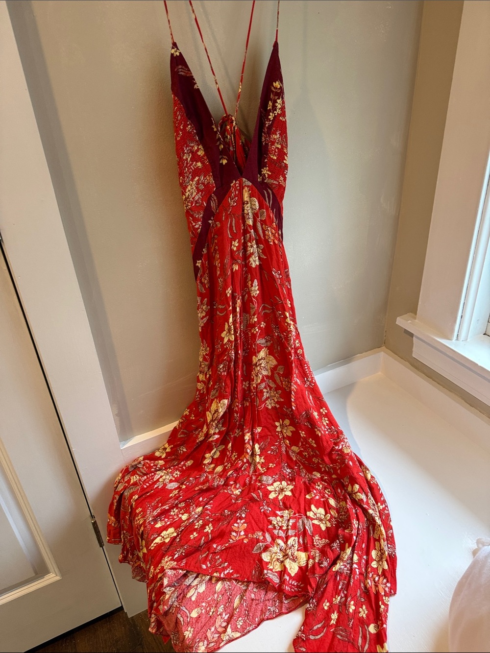 Free People Red Floral Maxi Dress with Gold Floral Print